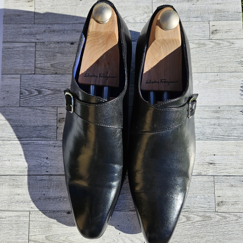 Salvatore Ferragamo Black Single Strap Leather Mens Shoes Size 12 (Shoes ONLY)